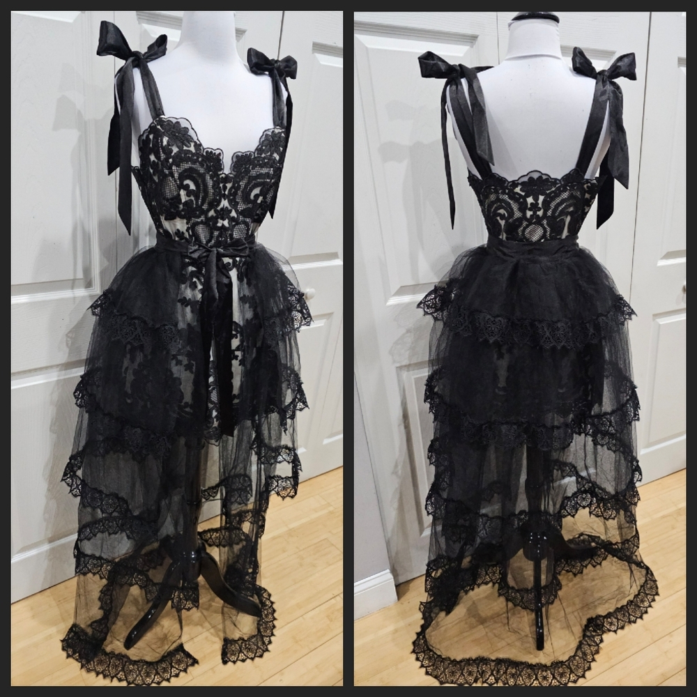 Dolls Kill Unholy Kindred Spirits Black White Lace Mini DressTiered Tulle Skirt